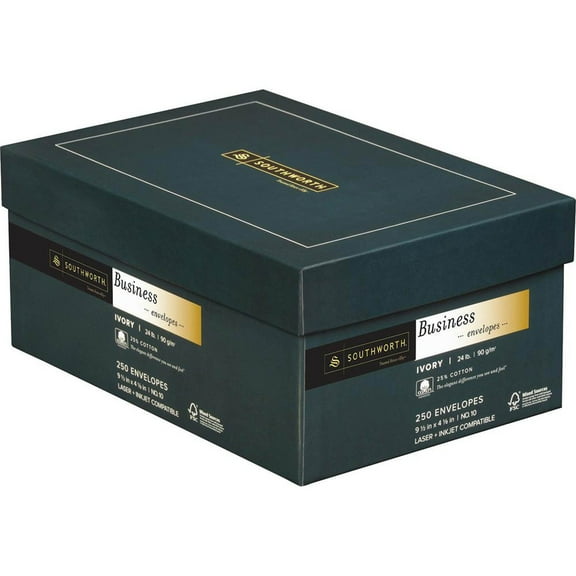 Southworth Cotton No. 10 Business Envelopes - Business- 4 1by8"W x 9 1by2" L- 24 lb - Gummed - Cotton Fiber - Ivory