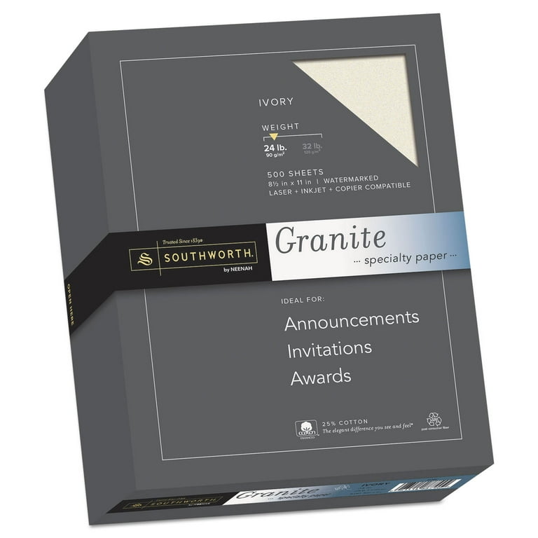 Granite Specialty Paper, 24 lb Bond Weight, 8.5 x 11, Ivory, 500/Ream Granite Specialty Paper, 24 lb Bond Weight, 8.5 x 11, Ivory, 500/Ream