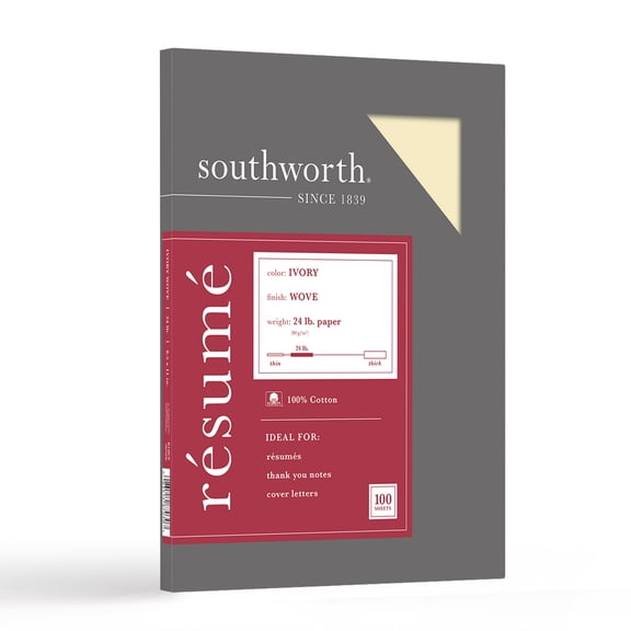 Southworth Ivory Resume Paper, Wove Finish, 8.5" x 11", 24 lb./90 Gsm, 100 Sheets