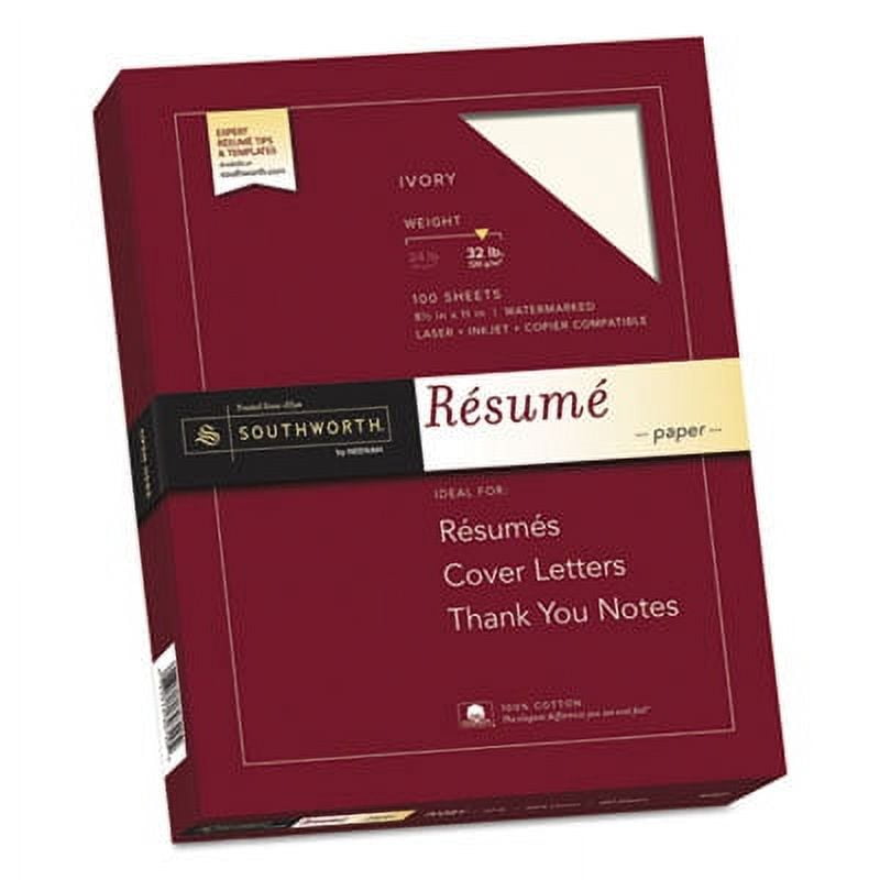 Southworth RD18ICF 100% Cotton Resume Paper, 32 lbs., 8-1/2 x 11, Ivory, Wove, 100/Box