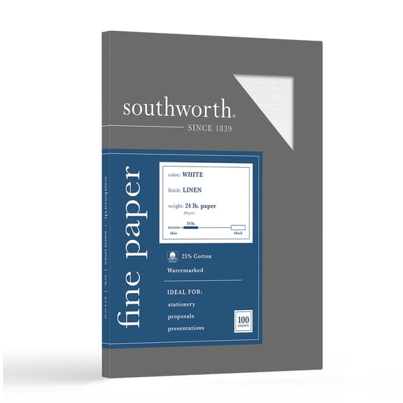 Southworth White Business Paper, 25% Cotton, Linen Finish, 8.5" x 11", 24 lb/90 Gsm, 100 Sheets