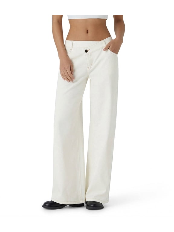 Women's Asymmetric Wide Leg Jeans, Structured Micro-Stretch Denim Cargo Pants with Multi-Pockets, Beige, S