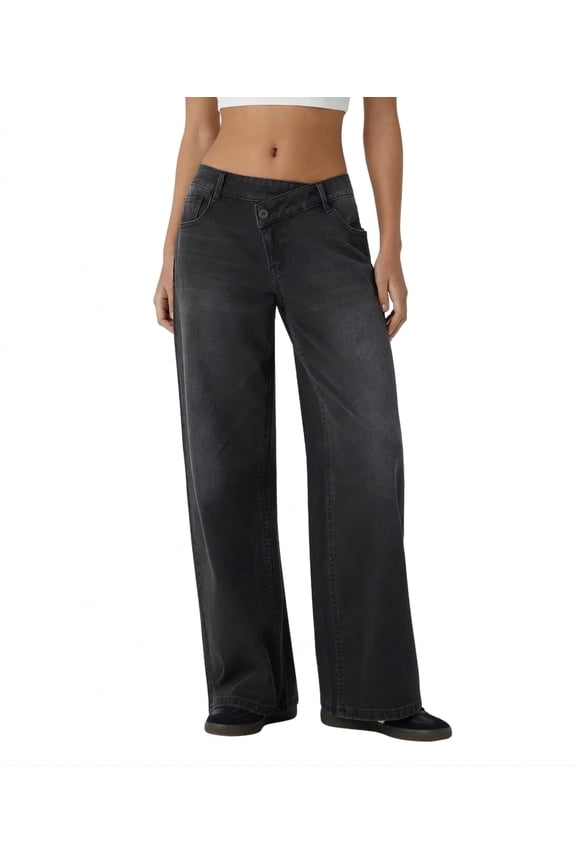 Women's Asymmetric Wide Leg Jeans, Structured Micro-Stretch Denim Cargo Pants with Multi-Pockets, Black, 2XL