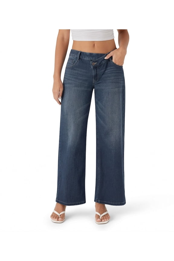 Women's Asymmetric Wide Leg Jeans, Structured Micro-Stretch Denim Cargo Pants with Multi-Pockets, Blue, 2XL