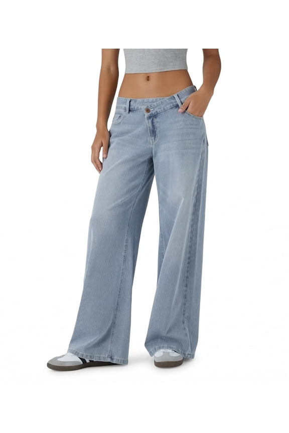 Women's Asymmetric Wide Leg Jeans, Structured Micro-Stretch Denim Cargo Pants with Multi-Pockets, Light Azure, S