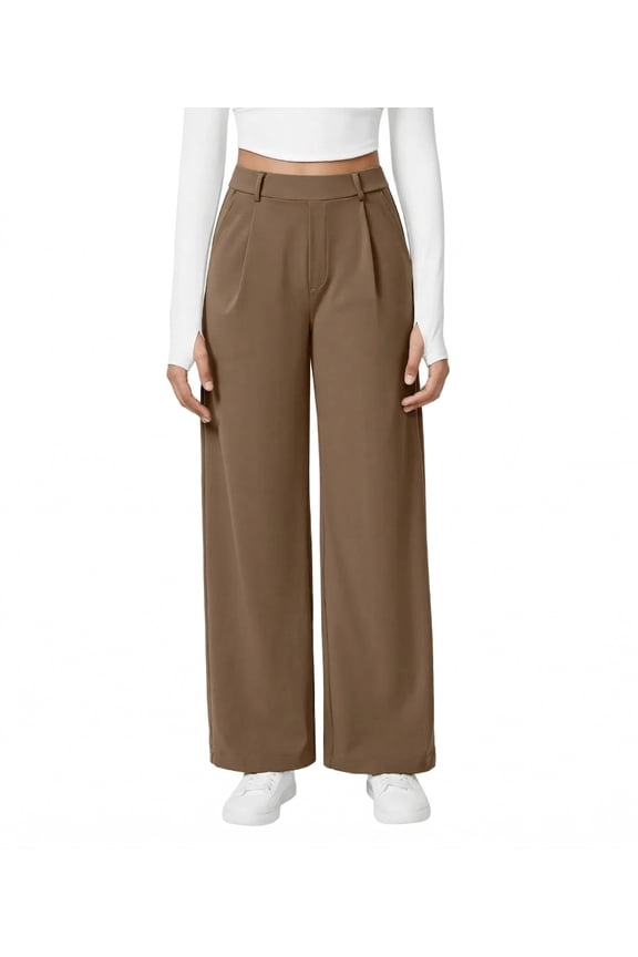 Women's High-Waisted Straight Leg Work Pants, 4-Way Stretch Professional Slacks with Pockets, Sepia, XL