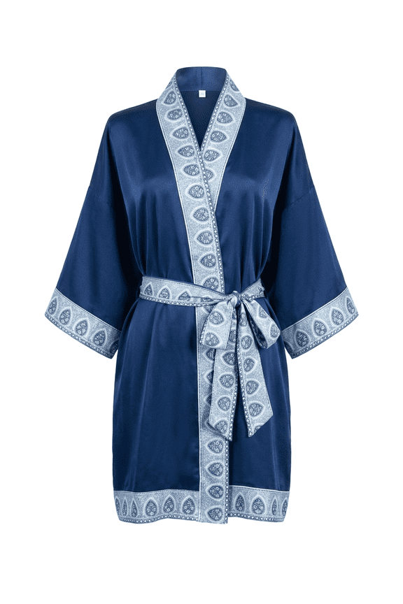 Women's Satin Kimono Robe, Silky Short Bathrobe with Elegant Border Print, One Size Fits Most (4'11"+, 110-200 lbs), Soft Loungewear for Bridal Parties & Spa, Blue