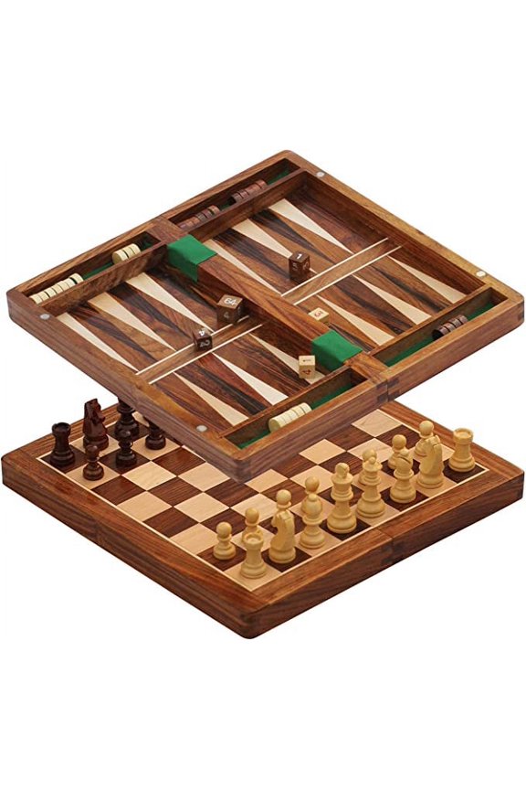 SouvNear 2 in 1 Chess and Backgammon Set Board Game, 10.5 x 10.5 x 1 Inches, Brown