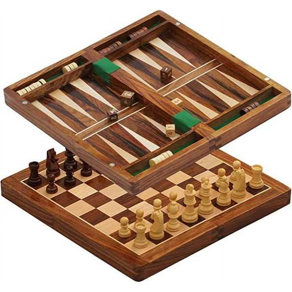 SouvNear 2 in 1 Chess and Backgammon Set Board Game, 10.5 x 10.5 x 1 Inches, Brown