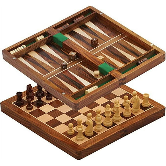 SouvNear 2 in 1 Chess and Backgammon Set Board Game, 10.5 x 10.5 x 1 Inches, Brown
