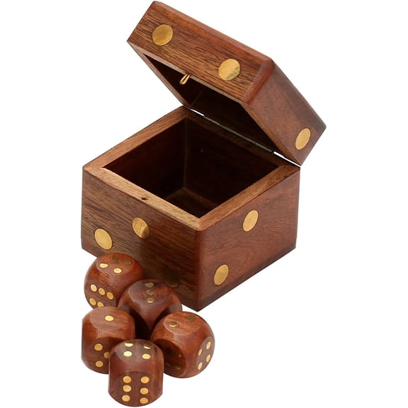 SouvNear 6.1 cm Wooden Dice Box Storage with 5 Dice Set - Square Dice box Case / Container with Brass Inlays - Cute Dice Game Set