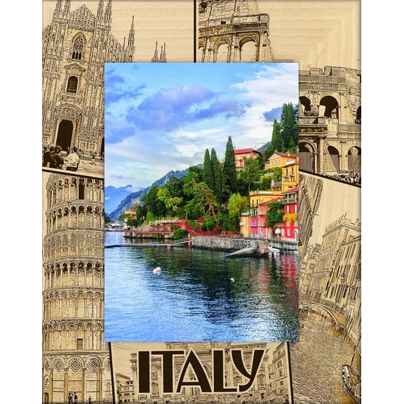 Souvenir Italy Collage Laser Engraved Wood Picture Frame Portrait (5 x 7)