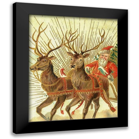 Souvenir Post Card Company, New York 12x14 Black Modern Framed Museum Art Print Titled - Christmas postcard of Santa Claus and his reindeer