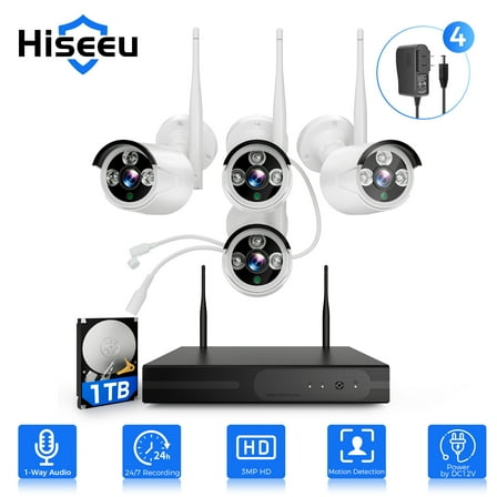 Hiseeu 4Pcs 3MP Wired Wi-Fi Security Camera System,1TB Hard Drive, Color Night Vision , One Way Audio, Motion Alert