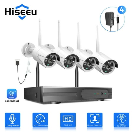 Hiseeu 4Pcs 3MP Wired Wi-Fi Security Camera System,Color Night Vision , IP66 Waterproof, Motion Alert,No HDD