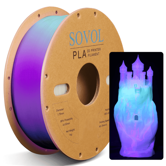 Sovol 3D Printer Glow in The Dark Filament Multicolor Fast Change PLA 1kg (2.2 lbs) Spool 3D Printing Materials, Dimensional Accuracy +/- 0.03 mm, 1.75 mm, Glow Multicolored