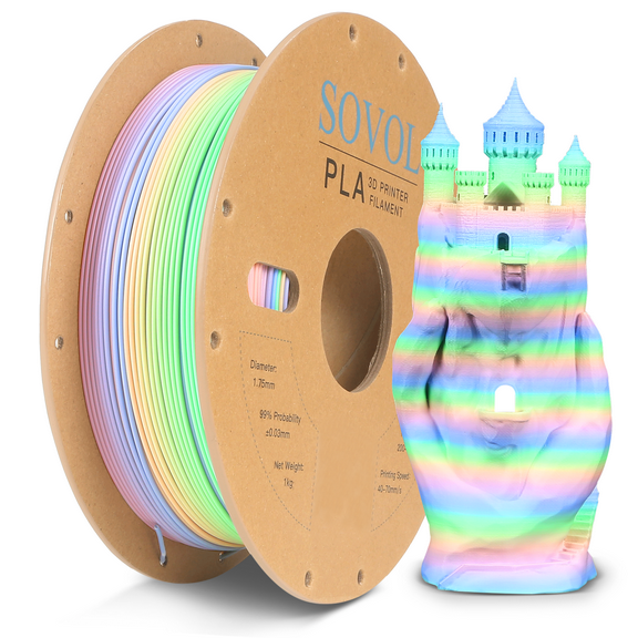 Sovol 3D Printer Matte Multicolored Fast Change Rainbow PLA 1kg (2.2 lbs) Spool 3D Printing Materials, Dimensional Accuracy +/- 0.03 mm, 1.75 mm, Matte Macaron Rainbow