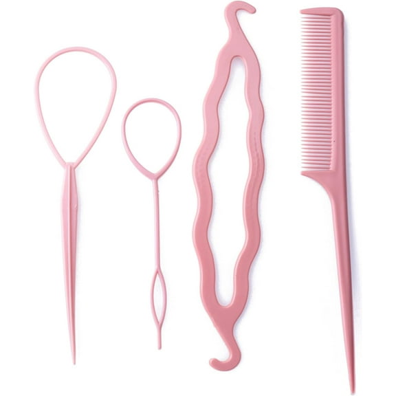 Sowaka 4 Pcs Topsy Hair Tail Tools Hair Comb Hair Loop Tool French Braid Tool Loop Hair Accessories for Girls Women Hair Styling Braid Kit Ponytail Maker Supplies (Pink)