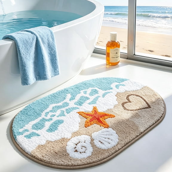 Sowhispyr Beach Ocean Coastal Starfish Shell Heart Design Blue Polyester Bath Rug, 20"x32"