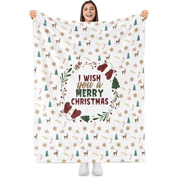 Sowide Christmas Blanket, White Christmas Throw Blanket, Wish A MERRY CHRISTMAS Flannel Blanket with Reindeer Candy Cane Xmas Tree Print, Cozy Bedding Fleece Blanket Gift for Couch Bed Nap(60"x80")