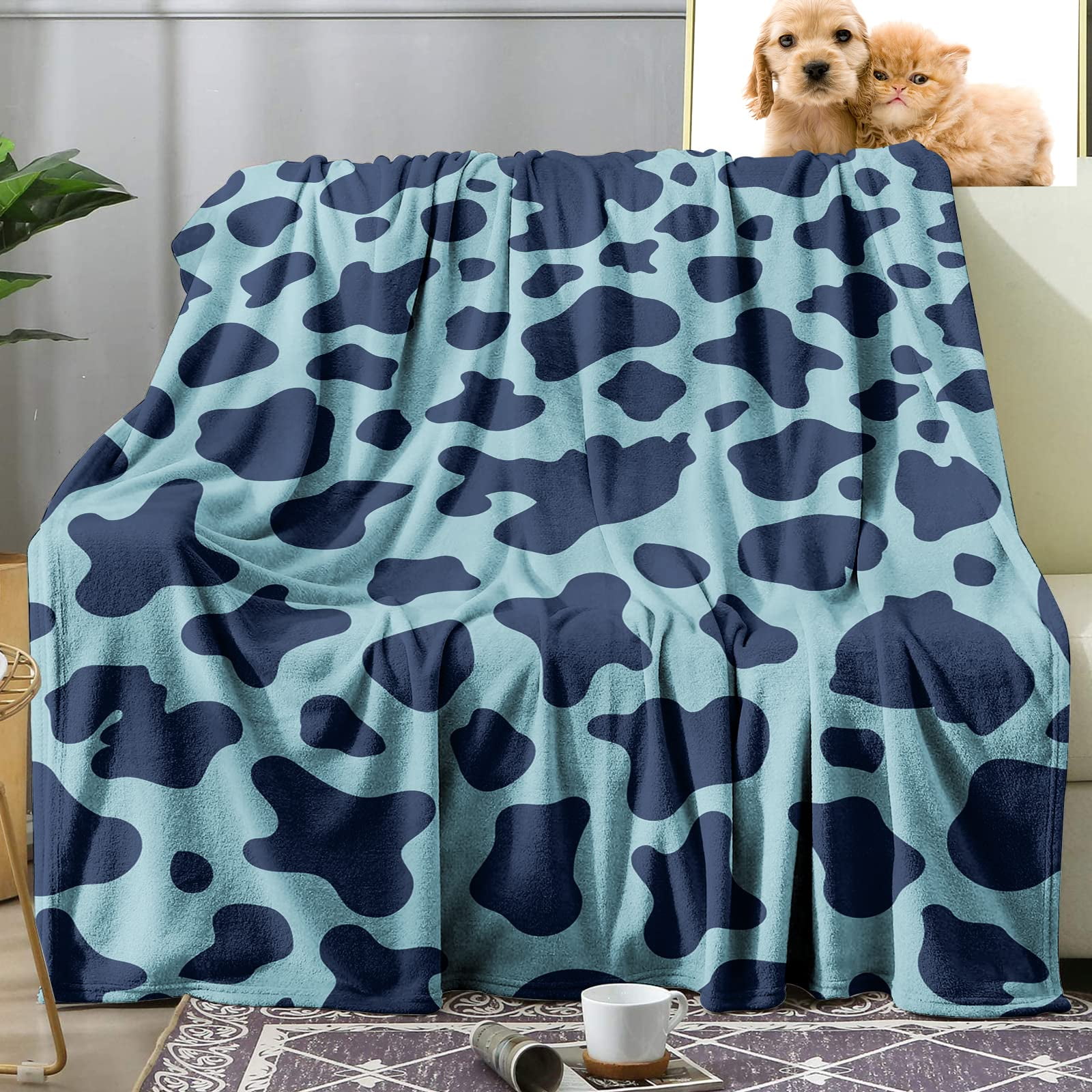 Sowide Cow Print Blanket Blue Soft Fleece Flannel Farm Animal Blanket Cow Blanket for Adult Kids Cozy Warm Throw Blanket Lightweight Blue White Fuzzy Plush Gifts for Nap Sofa Couch Bed 30 x40