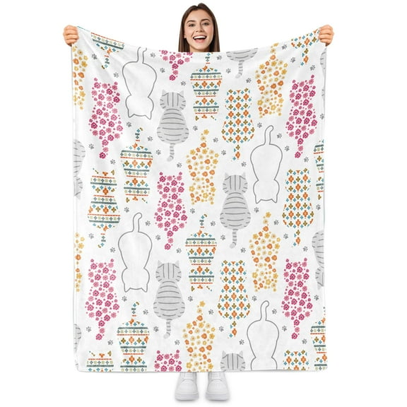 Sowide Floral Cat Throw Blanket, Warm Blanket Gift for Flower Cat Lovers, Soft Lightweight Flannel White Blanket with Cat Floral Shape, Boho Style Fleece Blanket for Women Girls, Sofa Nap Bed(60"x80")