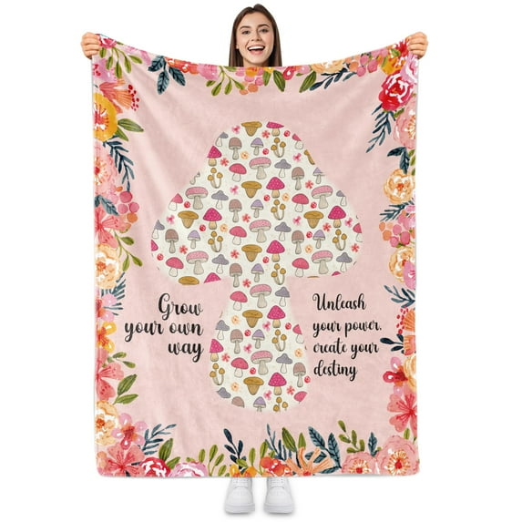 Sowide Mushroom Blanket, Floral Blanket Gift for Mushroom Flower Lovers, Soft Lightweight Pink Flannel Blanket with Motivational Words, Boho Style Fleece Blanket for Women Girl, Sofa Nap Bed(30"x40")