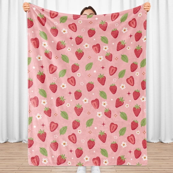 Sowide Strawberry Blanket, Pink Throw Blanket Gifts for Fruit Lovers, Soft Lightweight Red Strawberry Flower Flannel Blanket, Cozy Fleece Bedding Blanket for Kids Girl, Couch, Chair, Bedroom(60"x80")