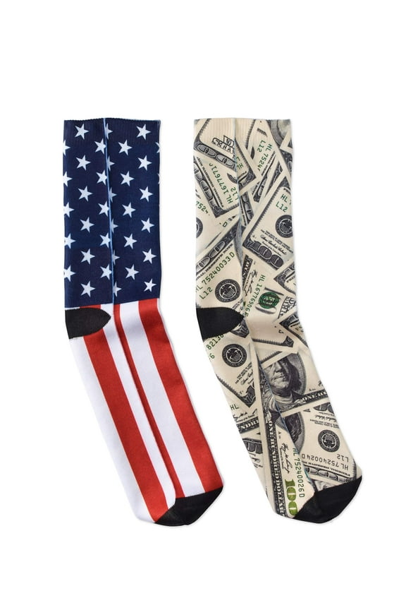 Mens 2 Pair 100 Dollar Bill & American Flag Sublimated Socks