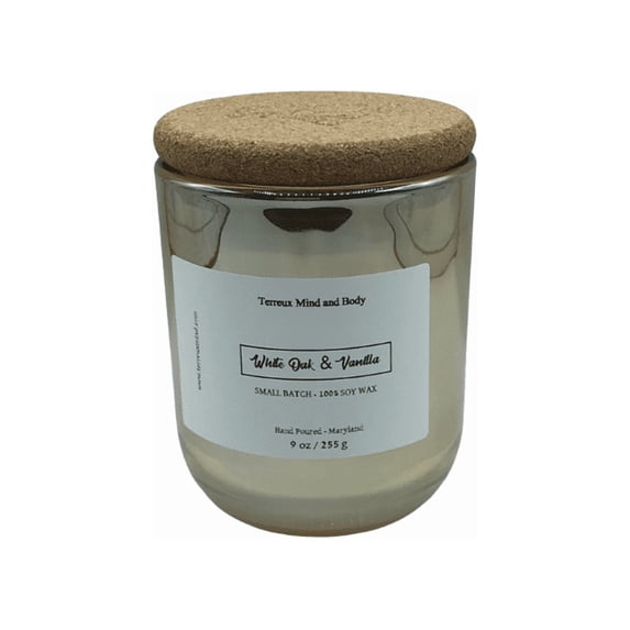 Terreux Mind & Body 9 oz Glass Jar Soy Candle with 45 Hour Burn Time, White Oak & Vanilla Scented