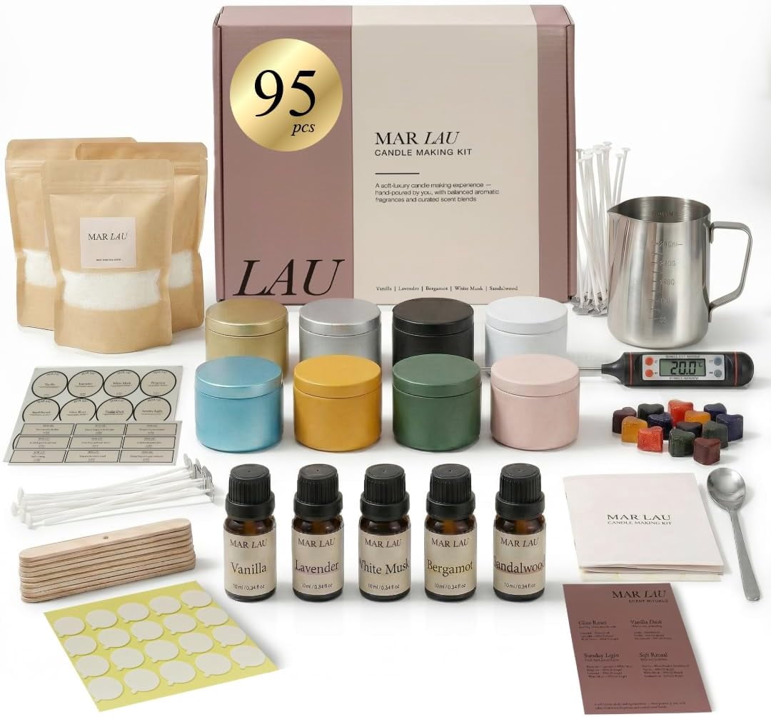 Soy Candle Making Kit for Adults – Complete DIY with 5 Fragrance Oils Wax Melting Pot Metal Tins Beginner Supplies