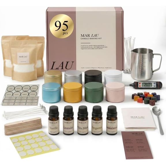 Soy Candle Making Kit for Adults Complete DIY with 5 Fragrance Oils Wax Melting Pot Metal Tins Beginner Supplies