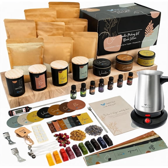 Soy Candle Making Kit with Electric Melter 7 oz Jars and Tins 7 Scents 10 Color Dyes Black Edition