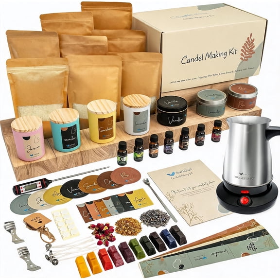 Soy Candle Making Kit with Electric Melter 7 oz Jars and Tins Fragrance Oils Dye Blocks Wicks Labels and Tools