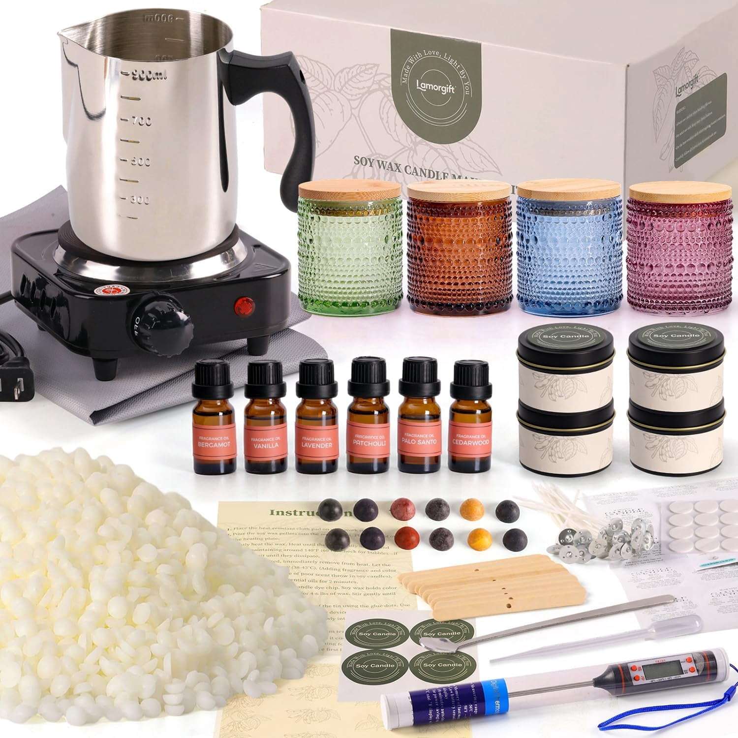 Soy Candle Making Kit with Wax Melter for Adults- Natural Supplies 4 Jars& Tins Melting Pot and More Colored Scented DIY Christmas Gift Set