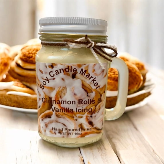 The Soy Candle Market 12 oz Cinnamon Rolls & Vanilla Icing Scented Container Candles with 85h Burn Time, in Glass Jar
