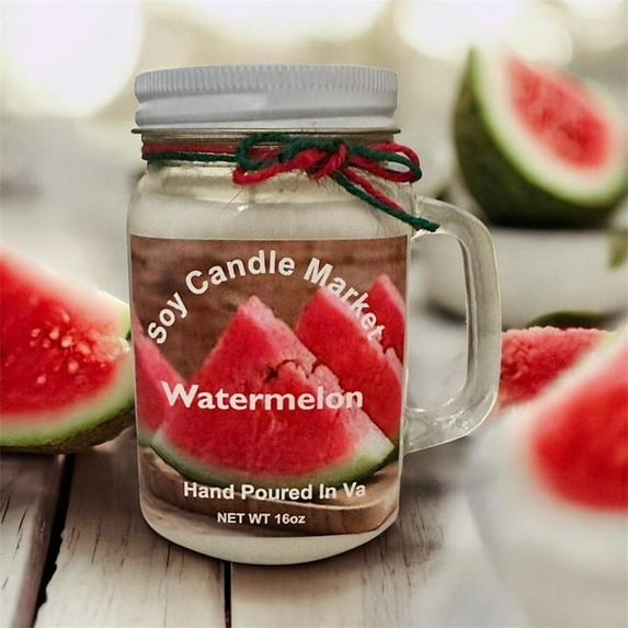 16 Oz Watermelon Scented Soy Candle with 85 Hours Burn Time, Handmade, Highly Aromatic, in Glass Jar
