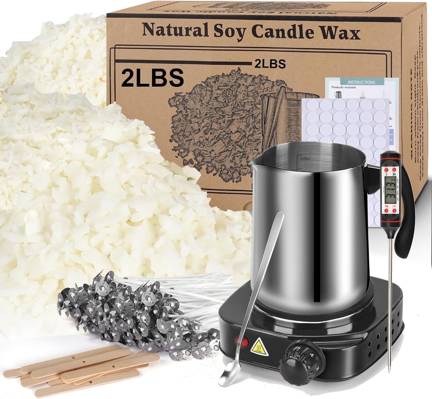 Soy Wax Candle Making Kit Supplies, DIY Art&Crafts Kit for Adults,Beginner,Kids, Including 2lbs Soy Wax Flakes, 100 Candle Wick, 10 Centering Devices, Melting Pot (with Hot Plate)
