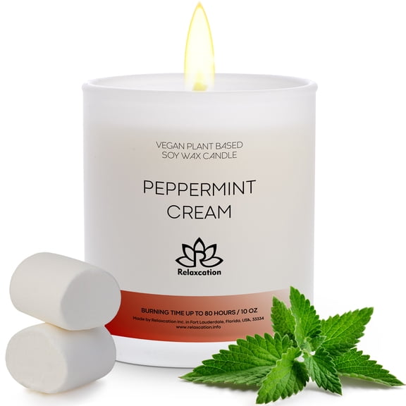 Soy Wax Candle in Glass Jar Peppermint Cream Scented Candle Clean Burn up to 80 Hours Handmade in USA Natural and Safe by Relaxcation 10 oz