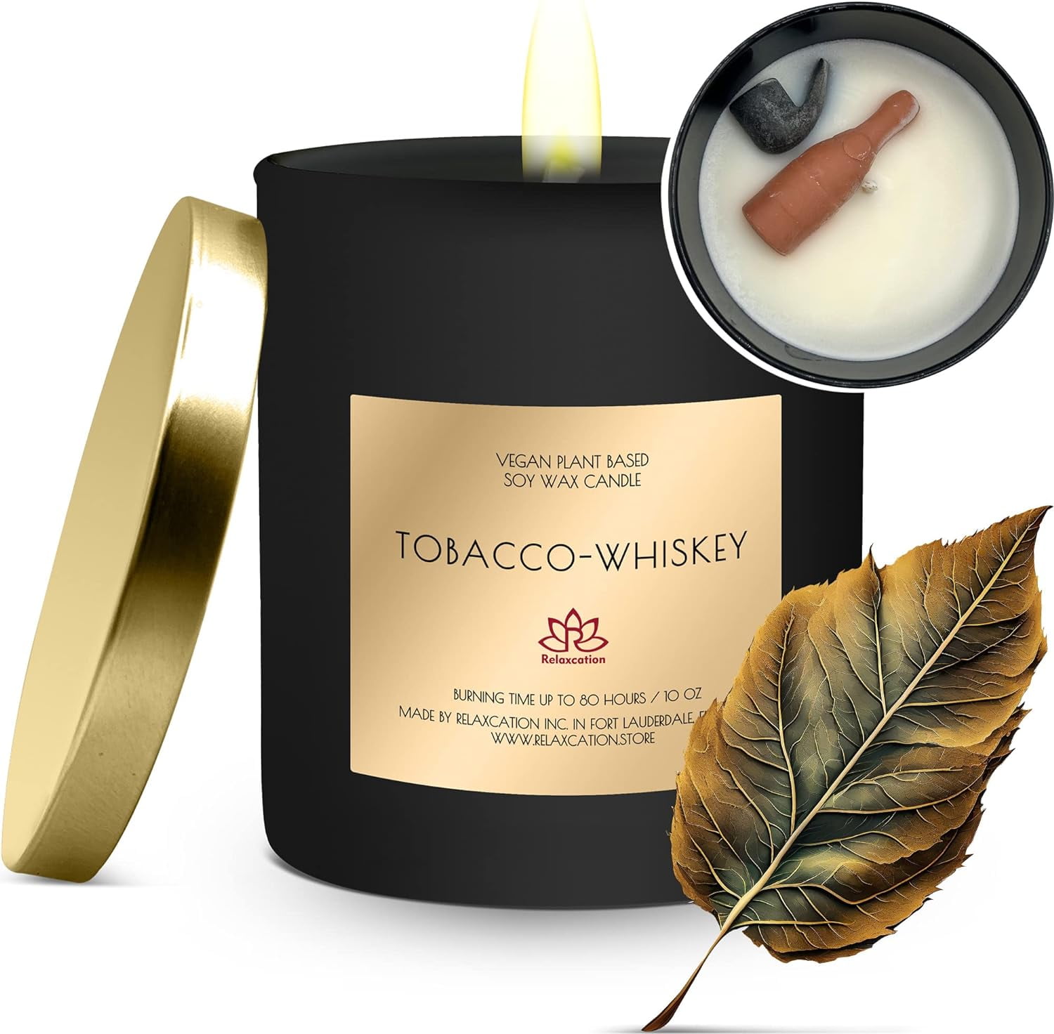 Soy Wax Candle in Glass Jar Warm Spicy Tobacco Whiskey Clean Burn up to 80  Hours Handmade in USA Natural and Safe by Relaxcation 10 oz