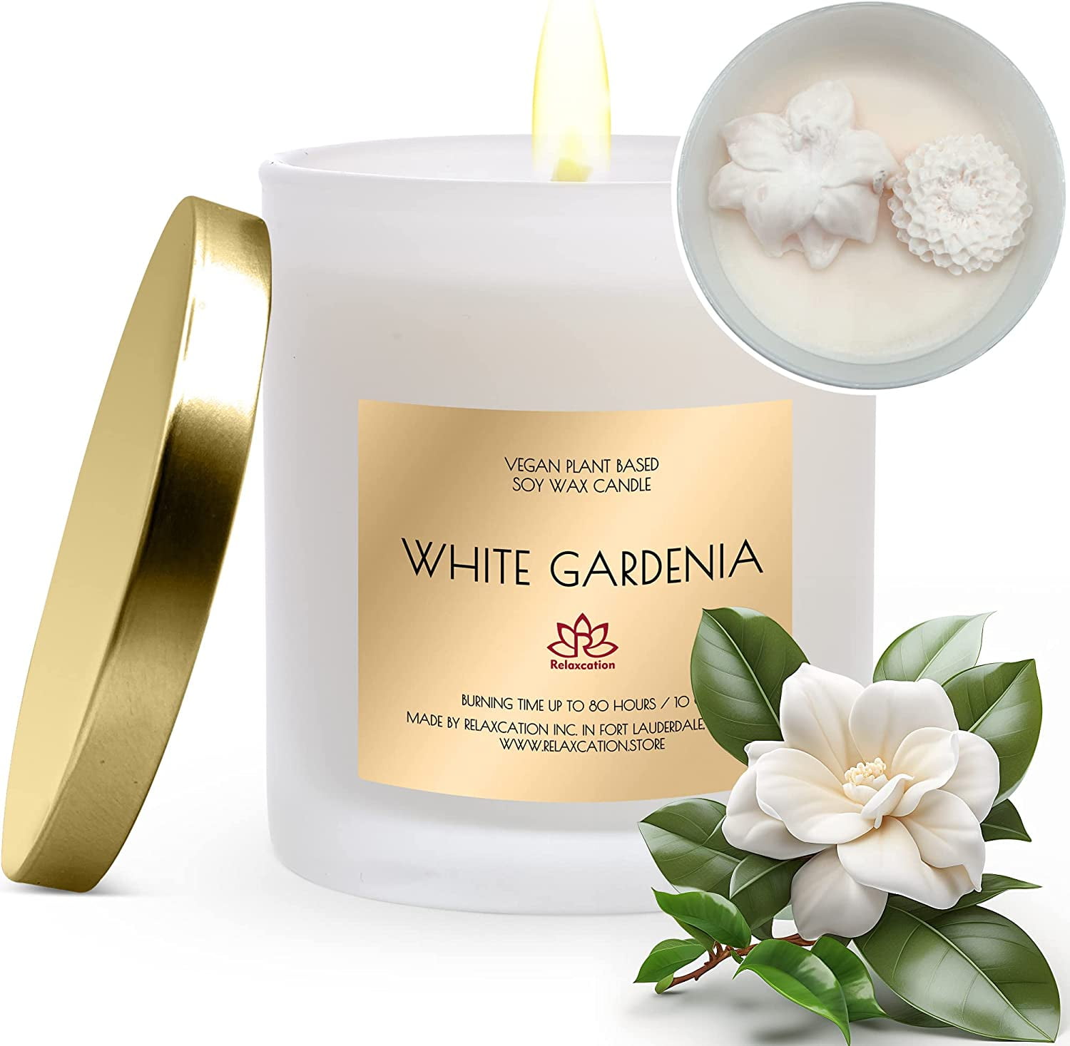 Soy Wax Candle in Glass Jar White Gardenia Clean Burn up to 80 Hours Handmade in USA Natural and Safe by Relaxcation 10 oz
