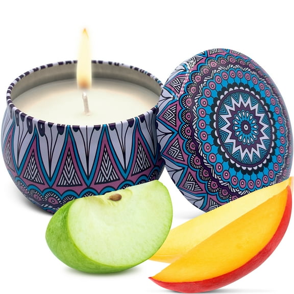 Soy Wax Candle in Tin Jar With Lid Apple Peach Mango Papaya Clean Burn up to 25 Hours Handmade in USA Natural and Safe by Relaxcation 6 oz