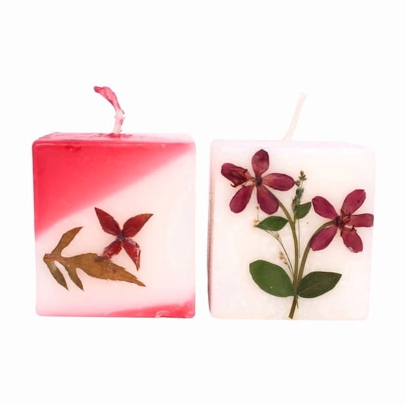 Scented Sqaure Pillar Candles Set of 2, 4.5cm Tall, 1.9"(5cm) Diameter, Decorative Floral Design, Smokeless and Dripless | Long Lasting Burn Time 5 Hours (Rose)