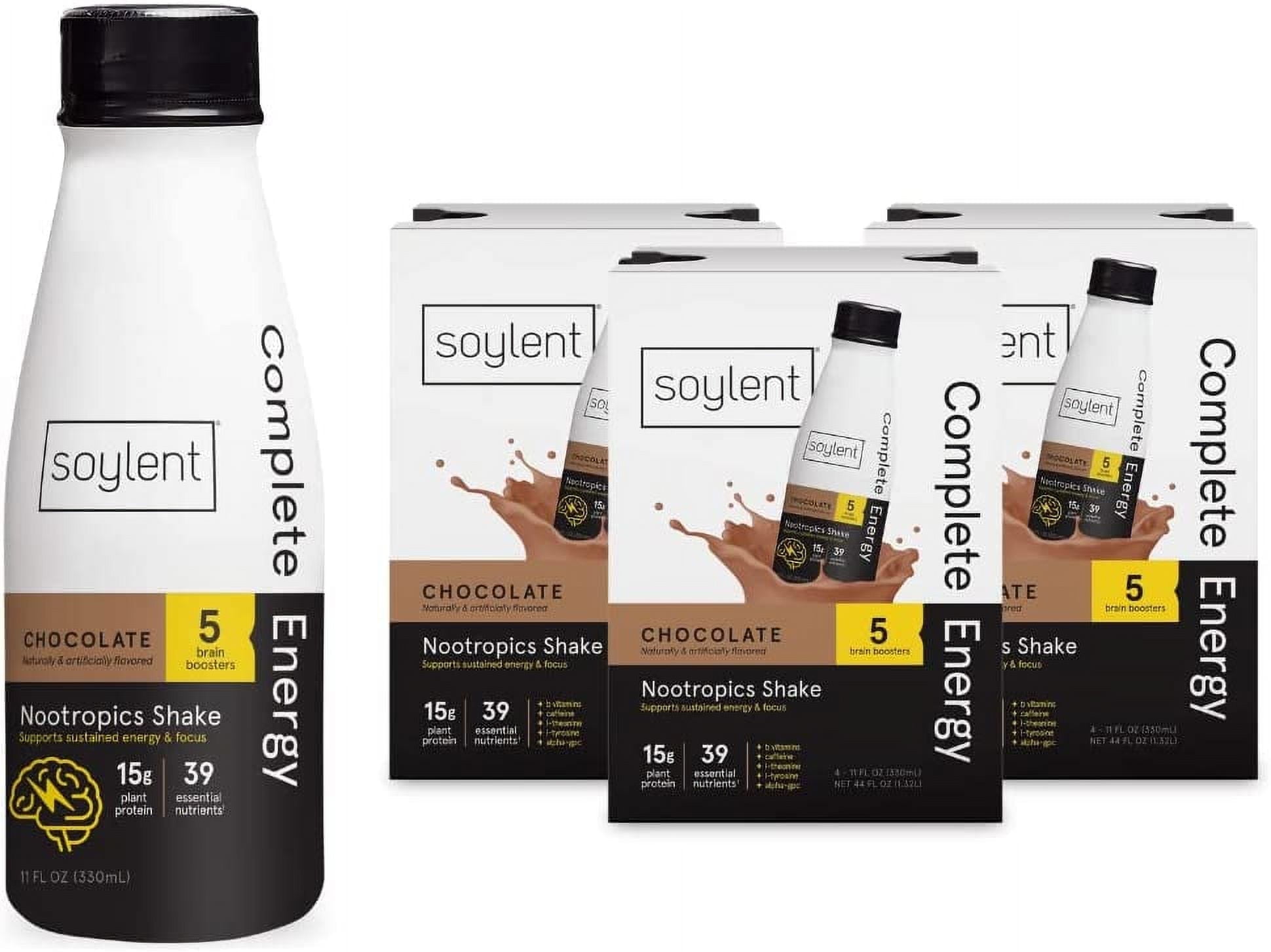 Soylent Complete Energy Shake 11 Oz Gluten-Free Plant Protein Nootropics Drinks, Chocolate, 12 Pack