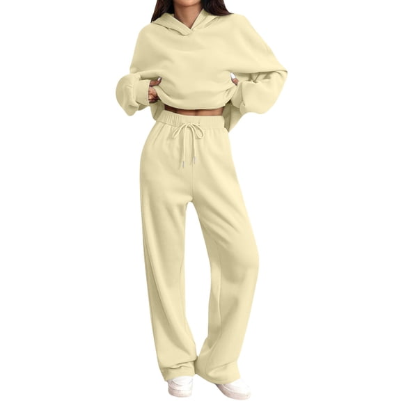 Soyumi 2 Piece Sets for Women 2025 Fall Matching Outfit Wide Leg Lounge Sets, Casual Tracksuit for Vacation Travel & Airport Outfits, Beige
