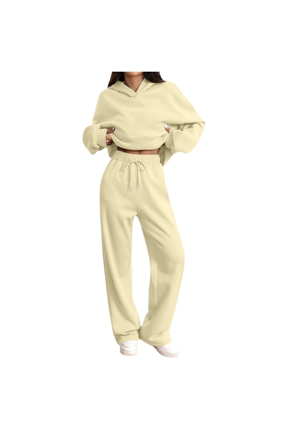 2 Piece Sets for Women 2025 Fall Matching Outfit Wide Leg Lounge Sets, Casual Tracksuit for Vacation Travel & Airport Outfits, Beige
