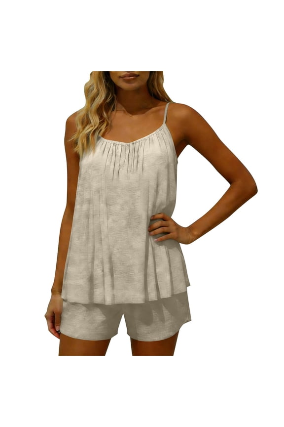 2 Piece Sets for Women Summer Sexy Sleveless Backless Tops Bermuda Linen Shorts Casual Loose Beach Vacation Y2K Cute Going Out Outfits, Beige