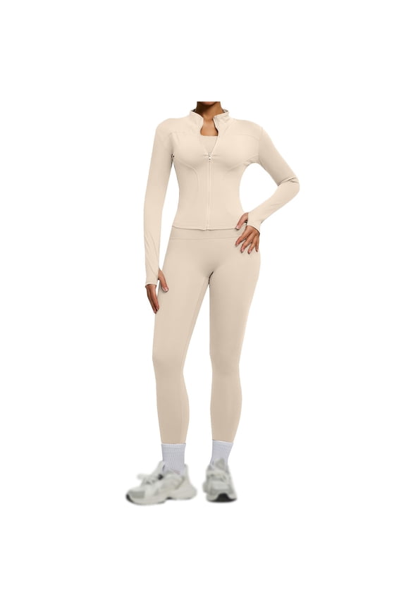 2 Piece Workout Sets for Women, Yoga Outfits Long Sleeve Zipper Jacket Matching High Waist Tummy Control Leggings Gym Outfits Work Out Clothes Activewear Matching Set Beige