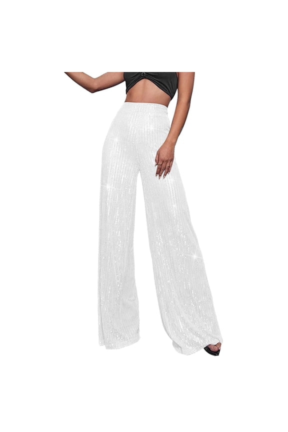 Bling Party Pants for Women, Sparkly Sequin Wide Leg High Waisted Trousers Glitter Shiny Elastic Waist Lounge Pants Going Out Clubwear Holiday Night Out Fall Fashion Outfits, White