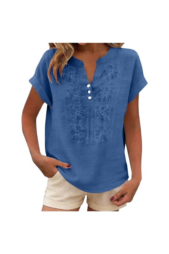 Boho Tops for Women, Vintage Floral Embroidered Linen Blouse Loose Fit Tunic Short Sleeve Tee Shirt Casual Summer Top Lightweight Festival Weekend Outfit, Blue